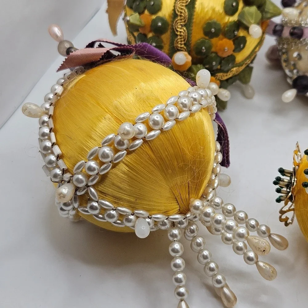 Vintage Handmade Satin Beaded Christmas Ornaments Lot of 5 Sequin Pearl Bead